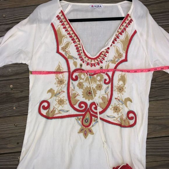 Anthropologie Mira Beige Bohemian Red Embroidered Tunic Rayon Blouse, Sz Medium - Picture 6 of 7